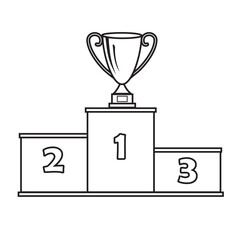 Podium for winners with a cup, close-up, isolated on a white background, vector illustration, contour, doodle style