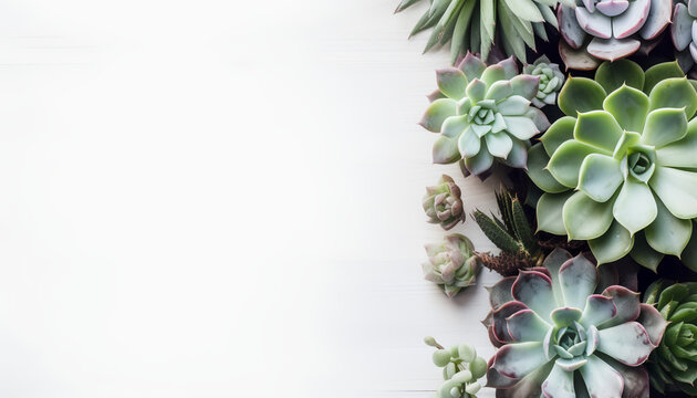 Immerse yourself in the soothing simplicity of a minimalist background adorned with an array of vibrant succulents, delicately placed on a painted white wooden desk. 