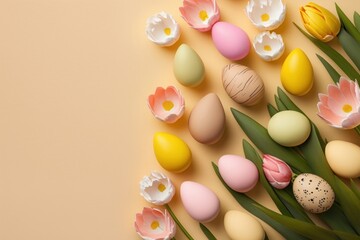 Fototapeta na wymiar Easter celebration concept. Top view photo of colorful easter eggs yellow and pink tulips on isolated pastel beige background with copyspace, Generative AI