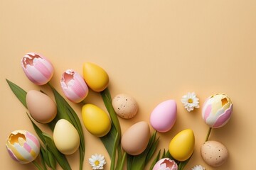 Fototapeta na wymiar Easter celebration concept. Top view photo of colorful easter eggs yellow and pink tulips on isolated pastel beige background with copyspace, Generative AI