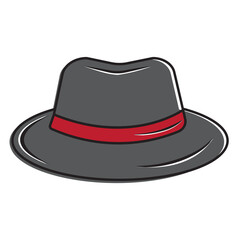 Men's hat. Headdress with a wide brim. Gangster wide-brimmed hat. Fashionable. Red silk ribbon. Vector illustration.