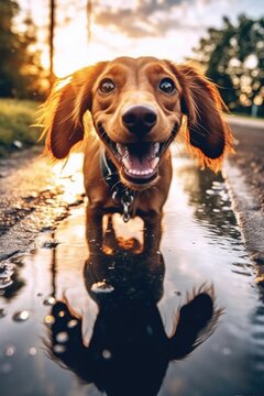 a happy dog with big ears running through a puddle of rain