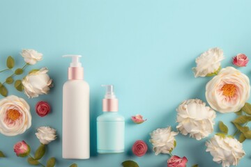 Fototapeta na wymiar Rose-inspired skin care concept. Top view of serum pump bottle and cream bottle with beautiful rose flowers on a pastel blue background with empty space, Generative AI