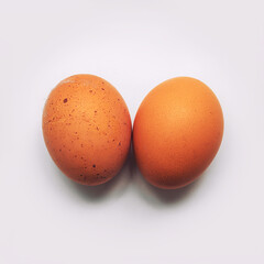 Two raw golden chicken eggs with shadow on white background. Farm organic produce concept.
