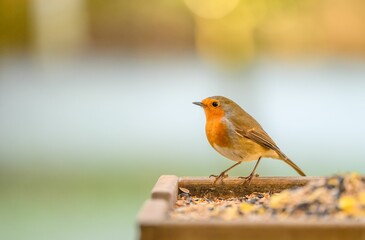 Closeup shot of a Robin sitting on a bird feeder on a blurred background