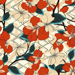 Seamless floral pattern with red flowers. Fabric colorful AI illustration. For textiles, interior, clothes, wallpaper, banner, invitation, wrapping paper, scrapbooking or other design.