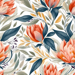 Seamless floral pattern with red flowers. Fabric colorful AI illustration. For textiles, interior, clothes, wallpaper, banner, invitation, wrapping paper, scrapbooking or other design.