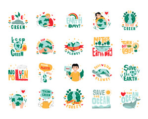 illustration of earth day concepts. flat vector, no plastic, save planet, ocean, think green, forest, no pollution, reduce plastic
