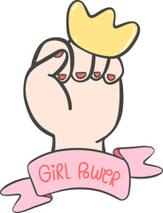 Cute simple girl power fist symbol with banner hand drawing doodle cartoon outline