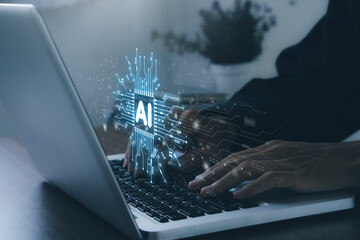 AI Artificial intelligence, data science, information technology concept Businessman using Chatgpt Chat with AI to get business information and business trends.