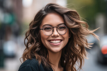 Happy satisfied woman wearing glasses portrait outside created with Generative AI technology - obrazy, fototapety, plakaty