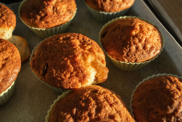 Homemade muffins on a tray in silicone molds.