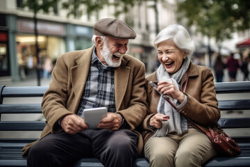 Happy satisfied cheerful laughing loving adult couple using phone outdoors made with Generative AI technology