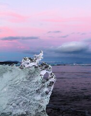 Vertical closeup of ice on the water's surface at sunset. Diamond Beach, Iceland.