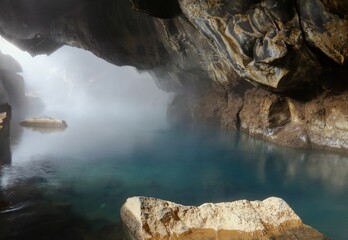 Beautiful scenery of Steaming clear water in a cave in Iceland - Powered by Adobe