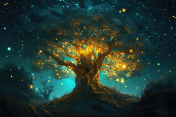 Fototapeta na wymiar art print of a blue tree with stars inside, in the style of golden light, generative AI
