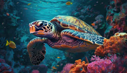 Obraz na płótnie Canvas turtle in the ocean by sea with coral reefs and fish, generative AI