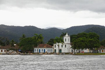 Fototapeta na wymiar Beautiful shot of a cathedral surrounded by trees near a lake in Paraty, Brazil