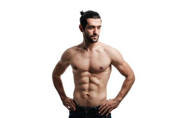 Fototapeta premium A Man Strong and handsome showing six pack on isolated on white background. Body of torso muscular male.