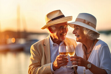 Portrait of happy loving adult couple drink wine during romantic date at sunset made with Generative AI technology