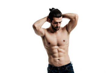 Fototapeta premium A Man Strong and handsome showing six pack on isolated on white background. Body of torso muscular male.