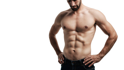 A Man Strong and handsome showing six pack on isolated on white background. Body of torso muscular...