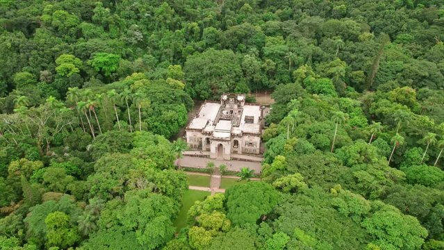 Aerial Drone Fly Above Parque Lage Beautiful Large Native Lush Green Forest Area in Rio de Janeiro Brazil during Daylight
