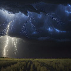 Raw power and energy of a thunderstorm, capturing lightning strikes against a dramatic sky. Generated AI.