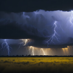 Raw power and energy of a thunderstorm, capturing lightning strikes against a dramatic sky. Generated AI.