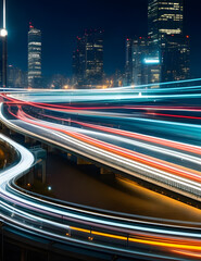 Time and motion by photographing a long exposure of city lights streaking through the night. Generated AI.