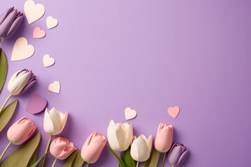 Plakat Mother's Day floral gift concept. Top view flat lay of pretty tulip flowers, paper hearts on a soft pastel violet background with space for text, Generative AI