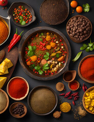 Intricate details and vibrant colors of exotic spices and ingredients in a visually stunning culinary composition. Generated AI. 