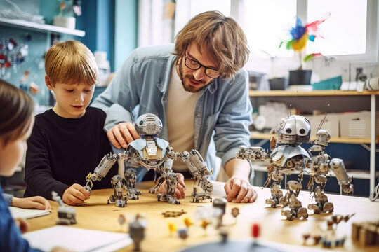 Children with teacher during robotics lesson created with Generative AI technology