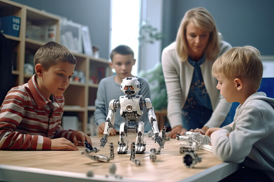Children with teacher during robotics lesson created with Generative AI technology