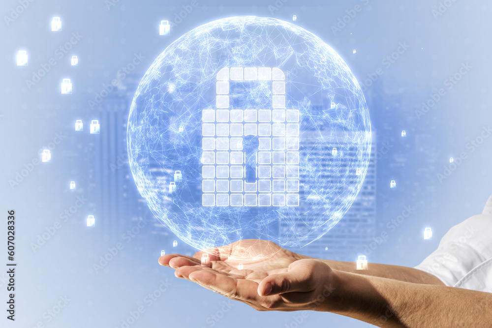 Poster close up of man hand using glowing globe with white safety padlock on light background. global digit
