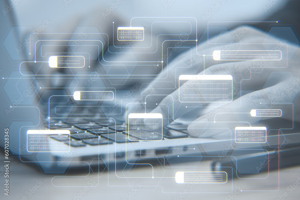 Aufkleber Software system technologies and research concept with digital connected node buttons on blurry background. Close up of male hands using laptop on desktop with mesh. Double exposure.