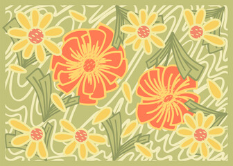 Groovy wavy daisy horizontal banner Abstract retro line art aesthetic 70s style. Trendy 1960s color flower groove background. Psychedelic vintage design. Wallpaper liquid poster. Vector illustration