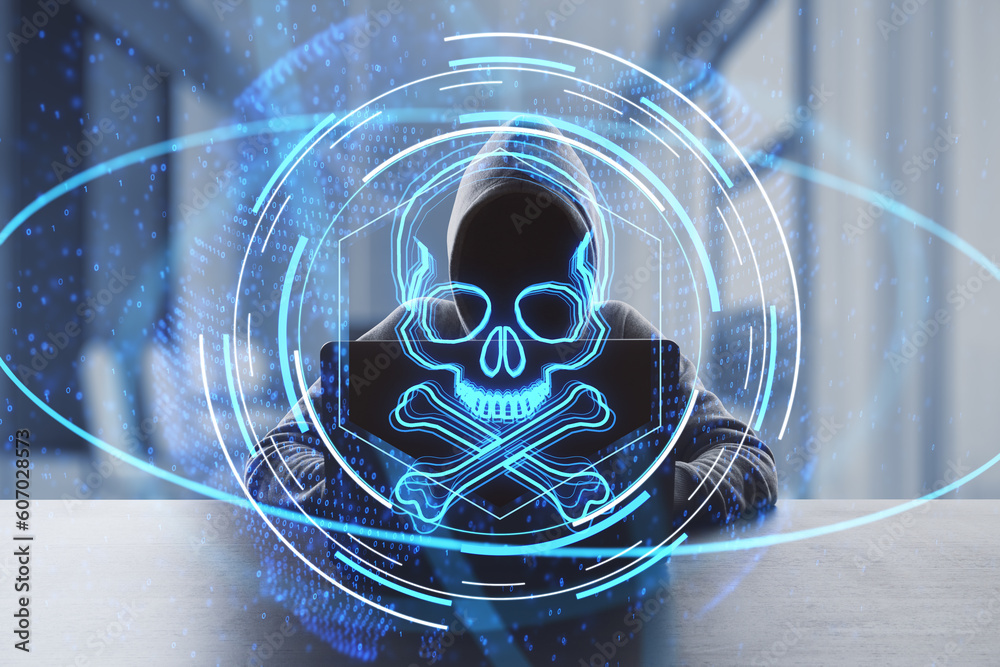 Poster Hacking and online piracy creative concept with person in hoodie without face working with laptop on dark office background and blue skull and bones digital hologram, double exposure