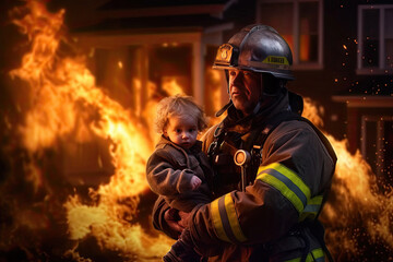 Firefighter rescues child from burning house during fire created with Generative AI technology