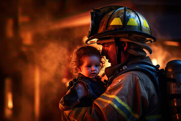 Fototapeta na wymiar Firefighter rescues child from burning house during fire created with Generative AI technology