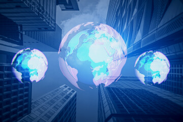 Abstarct glowing digital globe hologram on dark city background. Digital world, global hacking protection and hud concept. Double exposure.