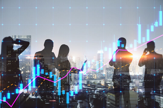 Creative businesspeople silhouettes working together on dark city skyline background with glowing forex chart hologram. Teamwork, stock market, finance and colleagues concept. Double exposure.