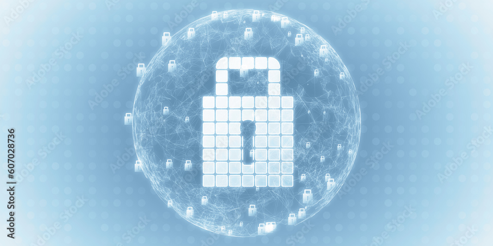 Poster Glowing globe with white safety padlock on light background. Global digital security and protection concept. 3D Rendering.