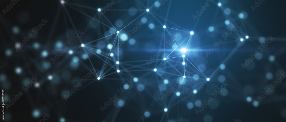 Poster creative glowing blurry plexus on dark background. Digital communication and network concept. 3D Rendering.
