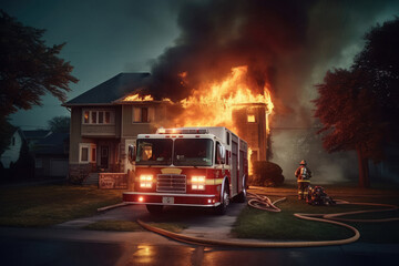 Fototapeta na wymiar Fire truck extinguishes burning house created with Generative AI technology