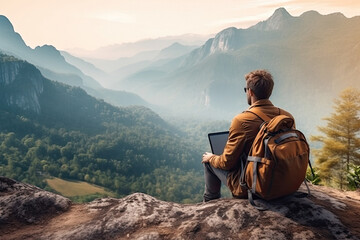 Freelancer working online while hiking in the mountains created with Generative AI technology