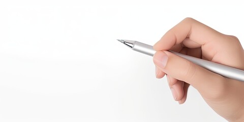 hand holding pen on white background, closeup
