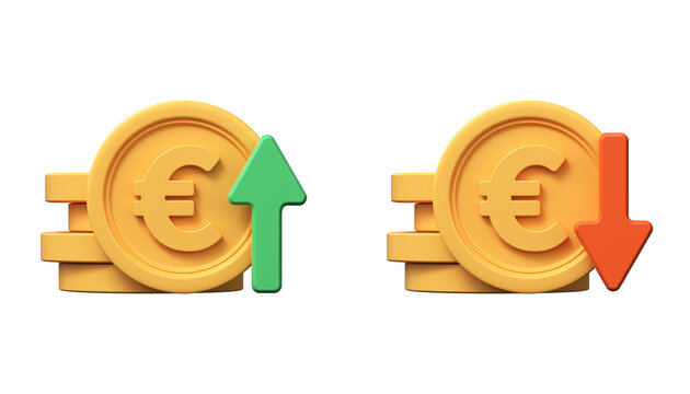 3d euro coins with up and down arrows. The rise and fall of the euro.