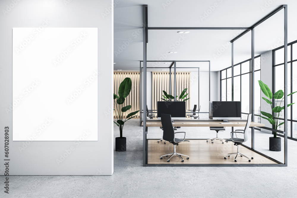 Poster front view on blank white poster with place for your logo or text on light wall in stylish sunlit co