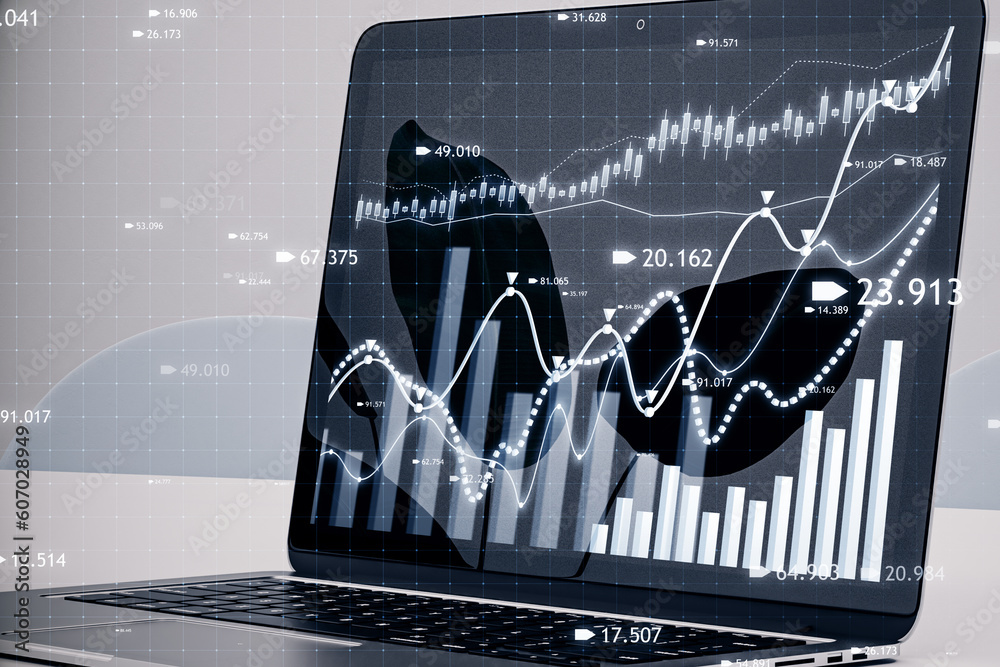 Poster close up of laptop computer at workplace with creative candlestick forex chart or graph on blurry ba